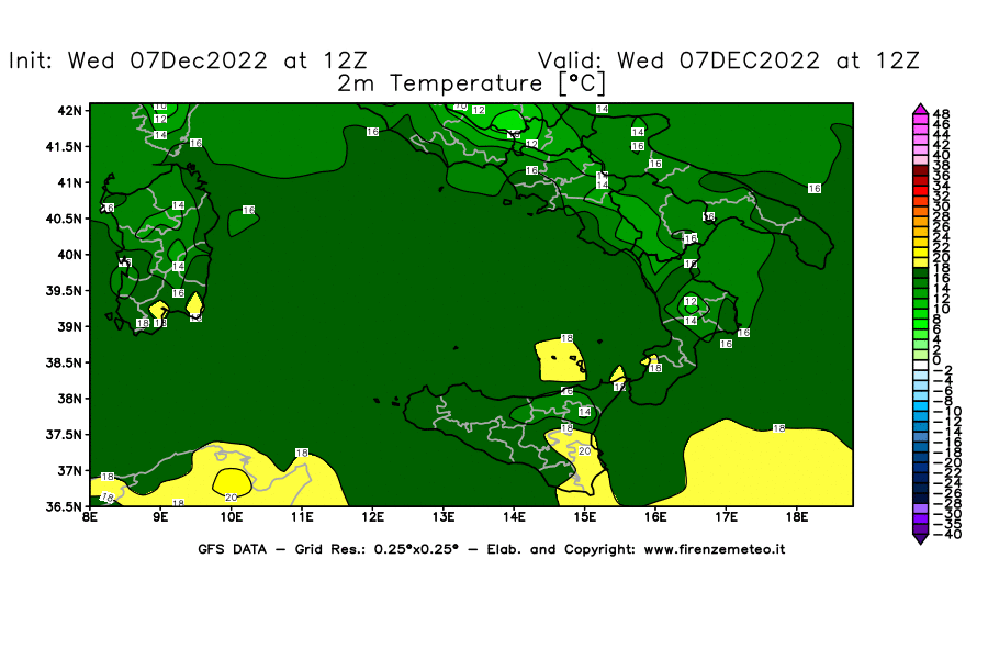 Mappa di analisi GFS - Temperatura a 2 metri dal suolo [°C] in Sud-Italia
							del 07/12/2022 12 <!--googleoff: index-->UTC<!--googleon: index-->