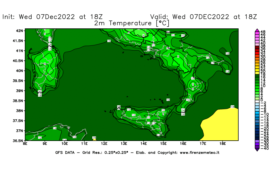 Mappa di analisi GFS - Temperatura a 2 metri dal suolo [°C] in Sud-Italia
							del 07/12/2022 18 <!--googleoff: index-->UTC<!--googleon: index-->