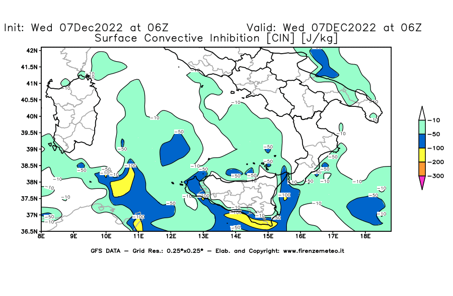 Mappa di analisi GFS - CIN [J/kg] in Sud-Italia
							del 07/12/2022 06 <!--googleoff: index-->UTC<!--googleon: index-->