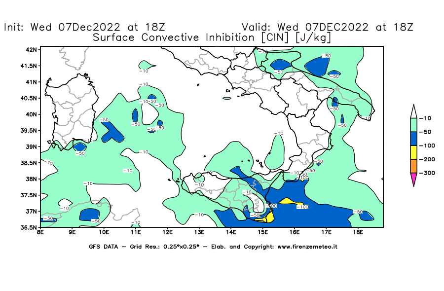 Mappa di analisi GFS - CIN [J/kg] in Sud-Italia
							del 07/12/2022 18 <!--googleoff: index-->UTC<!--googleon: index-->