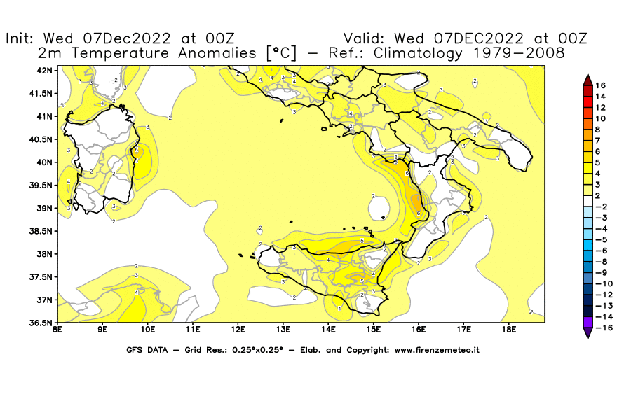 Mappa di analisi GFS - Anomalia Temperatura a 2 m in Sud-Italia
							del 7 dicembre 2022 z00