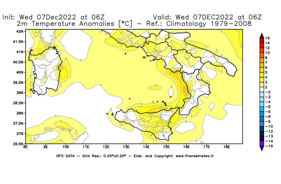 Mappa di analisi GFS - Anomalia Temperatura [°C] a 2 m in Sud-Italia
							del 07/12/2022 06 <!--googleoff: index-->UTC<!--googleon: index-->