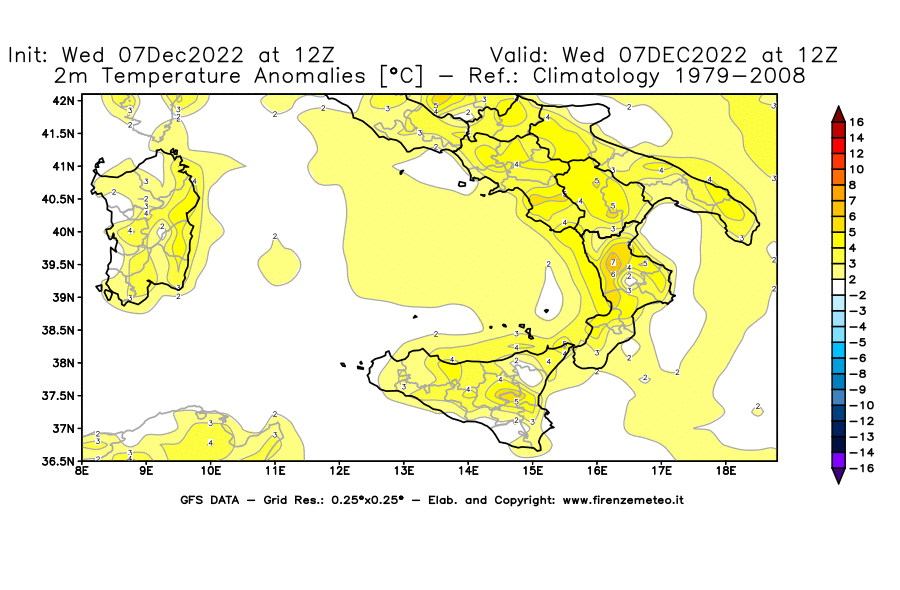 Mappa di analisi GFS - Anomalia Temperatura [°C] a 2 m in Sud-Italia
							del 07/12/2022 12 <!--googleoff: index-->UTC<!--googleon: index-->
