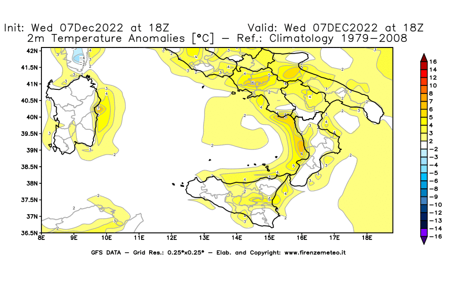 Mappa di analisi GFS - Anomalia Temperatura [°C] a 2 m in Sud-Italia
							del 07/12/2022 18 <!--googleoff: index-->UTC<!--googleon: index-->