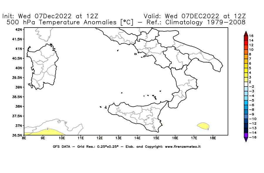 Mappa di analisi GFS - Anomalia Temperatura a 500 hPa in Sud-Italia
							del 7 dicembre 2022 z12