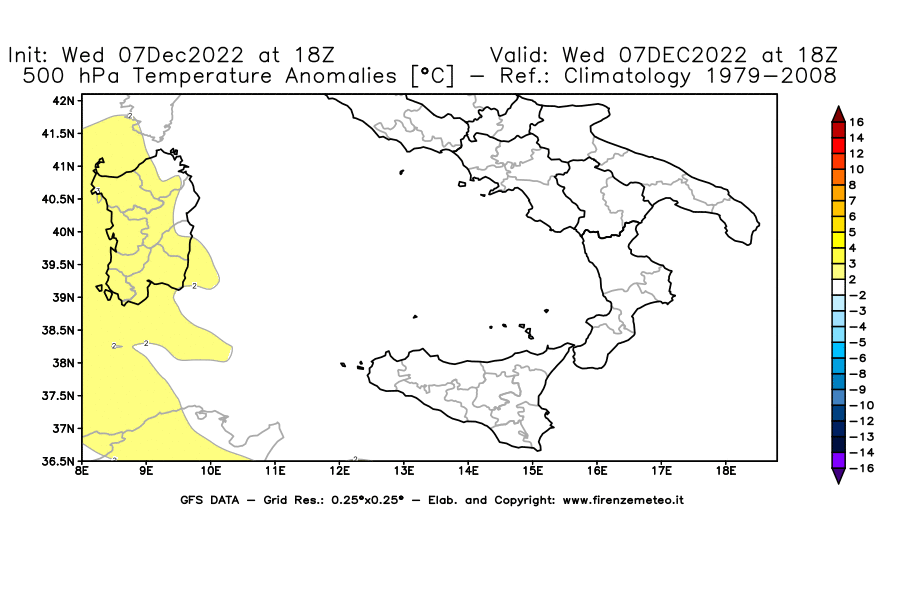 Mappa di analisi GFS - Anomalia Temperatura [°C] a 500 hPa in Sud-Italia
							del 07/12/2022 18 <!--googleoff: index-->UTC<!--googleon: index-->