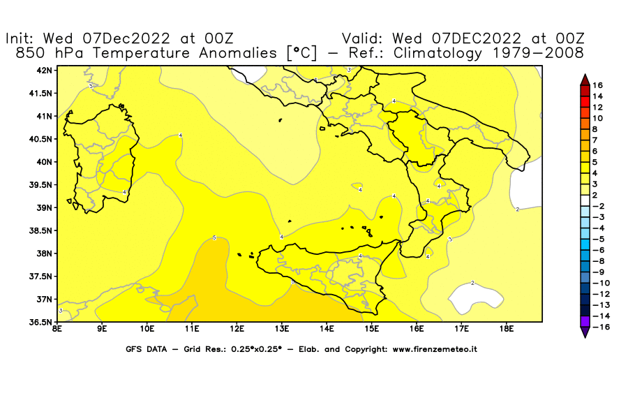 Mappa di analisi GFS - Anomalia Temperatura [°C] a 850 hPa in Sud-Italia
							del 07/12/2022 00 <!--googleoff: index-->UTC<!--googleon: index-->