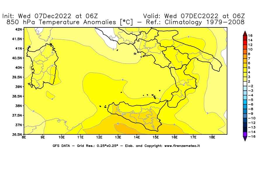 Mappa di analisi GFS - Anomalia Temperatura [°C] a 850 hPa in Sud-Italia
							del 07/12/2022 06 <!--googleoff: index-->UTC<!--googleon: index-->