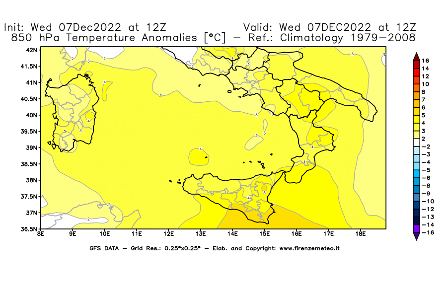 Mappa di analisi GFS - Anomalia Temperatura [°C] a 850 hPa in Sud-Italia
							del 07/12/2022 12 <!--googleoff: index-->UTC<!--googleon: index-->