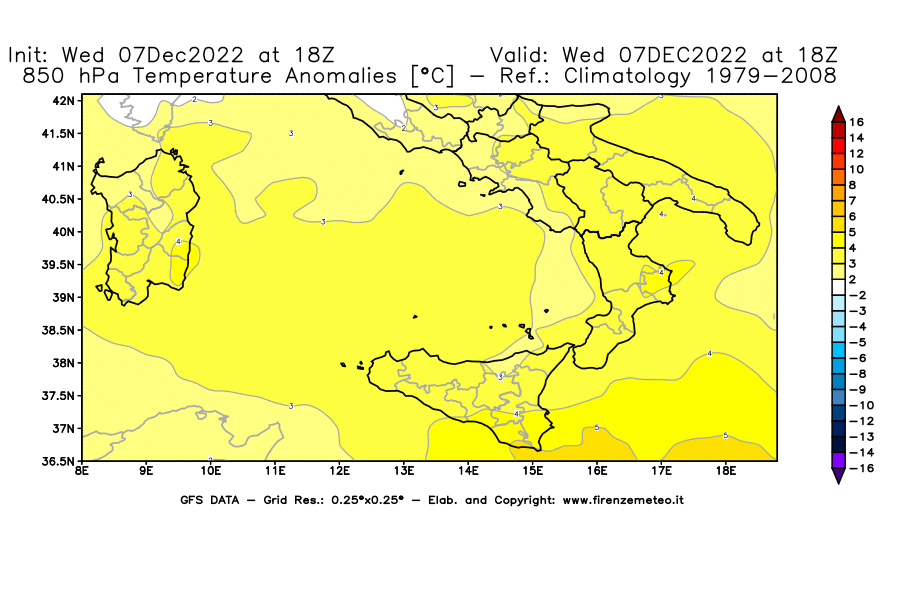 Mappa di analisi GFS - Anomalia Temperatura a 850 hPa in Sud-Italia
							del 7 dicembre 2022 z18