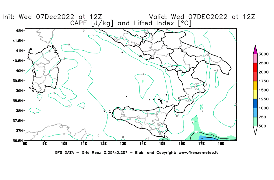 Mappa di analisi GFS - CAPE [J/kg] e Lifted Index [°C] in Sud-Italia
							del 07/12/2022 12 <!--googleoff: index-->UTC<!--googleon: index-->