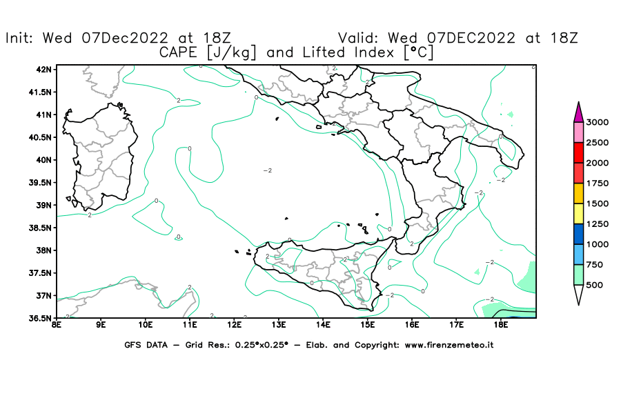 Mappa di analisi GFS - CAPE [J/kg] e Lifted Index [°C] in Sud-Italia
							del 07/12/2022 18 <!--googleoff: index-->UTC<!--googleon: index-->