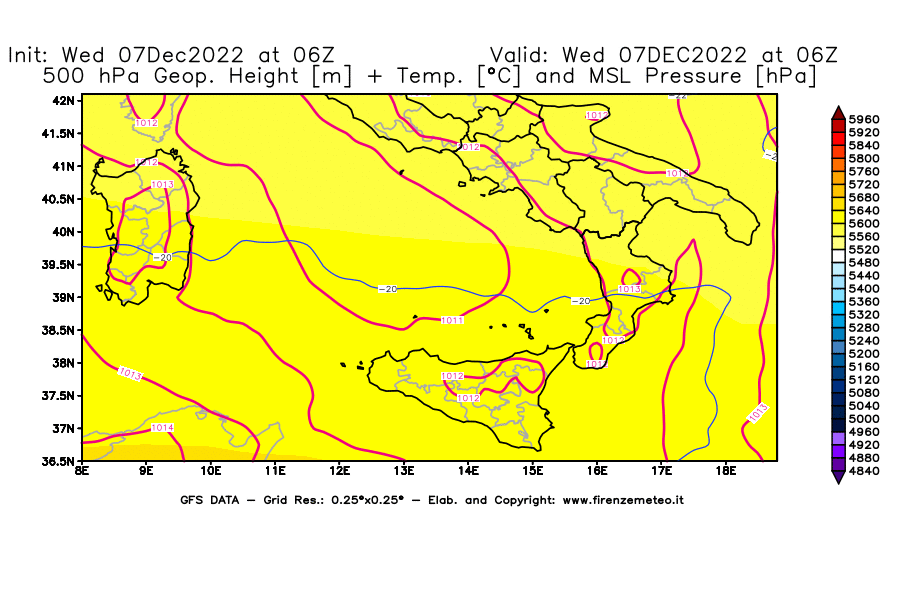 Mappa di analisi GFS - Geopotenziale [m] + Temp. [°C] a 500 hPa + Press. a livello del mare [hPa] in Sud-Italia
							del 07/12/2022 06 <!--googleoff: index-->UTC<!--googleon: index-->