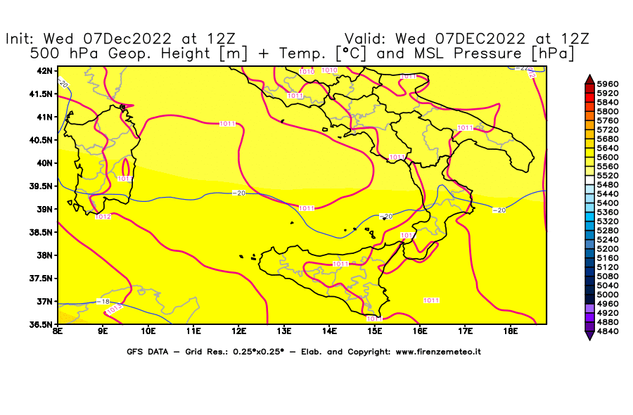 Mappa di analisi GFS - Geopotenziale [m] + Temp. [°C] a 500 hPa + Press. a livello del mare [hPa] in Sud-Italia
							del 07/12/2022 12 <!--googleoff: index-->UTC<!--googleon: index-->