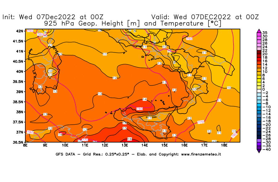 Mappa di analisi GFS - Geopotenziale [m] e Temperatura [°C] a 925 hPa in Sud-Italia
							del 07/12/2022 00 <!--googleoff: index-->UTC<!--googleon: index-->