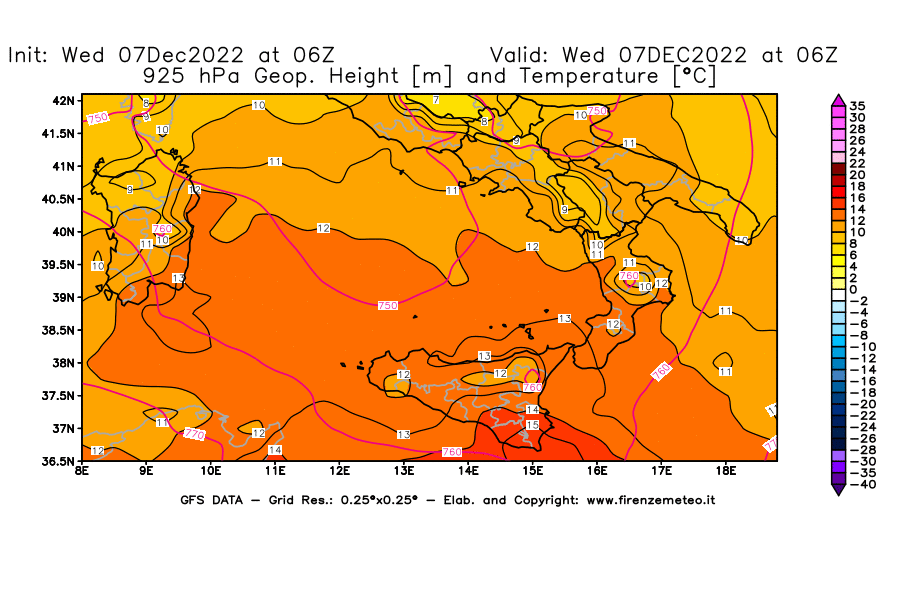 Mappa di analisi GFS - Geopotenziale [m] e Temperatura [°C] a 925 hPa in Sud-Italia
							del 07/12/2022 06 <!--googleoff: index-->UTC<!--googleon: index-->