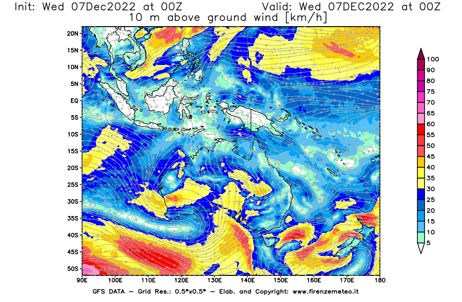 Mappa di analisi GFS - Velocità del vento a 10 metri dal suolo [km/h] in Oceania
							del 07/12/2022 00 <!--googleoff: index-->UTC<!--googleon: index-->