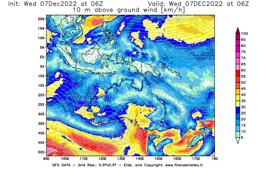 Mappa di analisi GFS - Velocità del vento a 10 metri dal suolo [km/h] in Oceania
							del 07/12/2022 06 <!--googleoff: index-->UTC<!--googleon: index-->