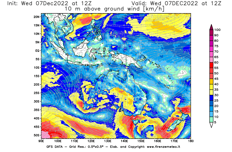 Mappa di analisi GFS - Velocità del vento a 10 metri dal suolo in Oceania
							del 7 dicembre 2022 z12