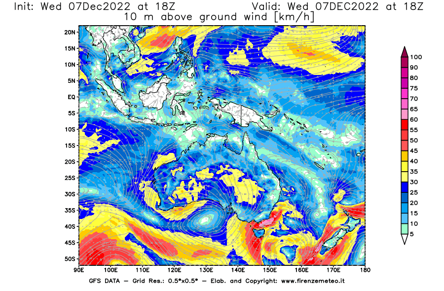 Mappa di analisi GFS - Velocità del vento a 10 metri dal suolo in Oceania
							del 7 dicembre 2022 z18