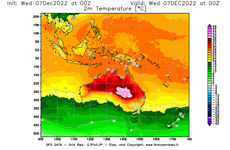 Mappa di analisi GFS - Temperatura a 2 metri dal suolo in Oceania
							del 7 dicembre 2022 z00