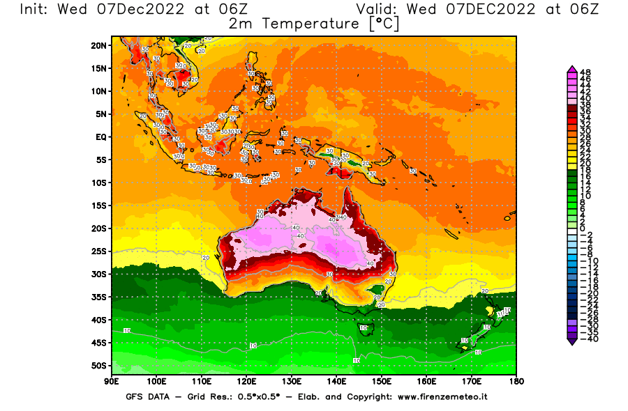 Mappa di analisi GFS - Temperatura a 2 metri dal suolo in Oceania
							del 7 dicembre 2022 z06