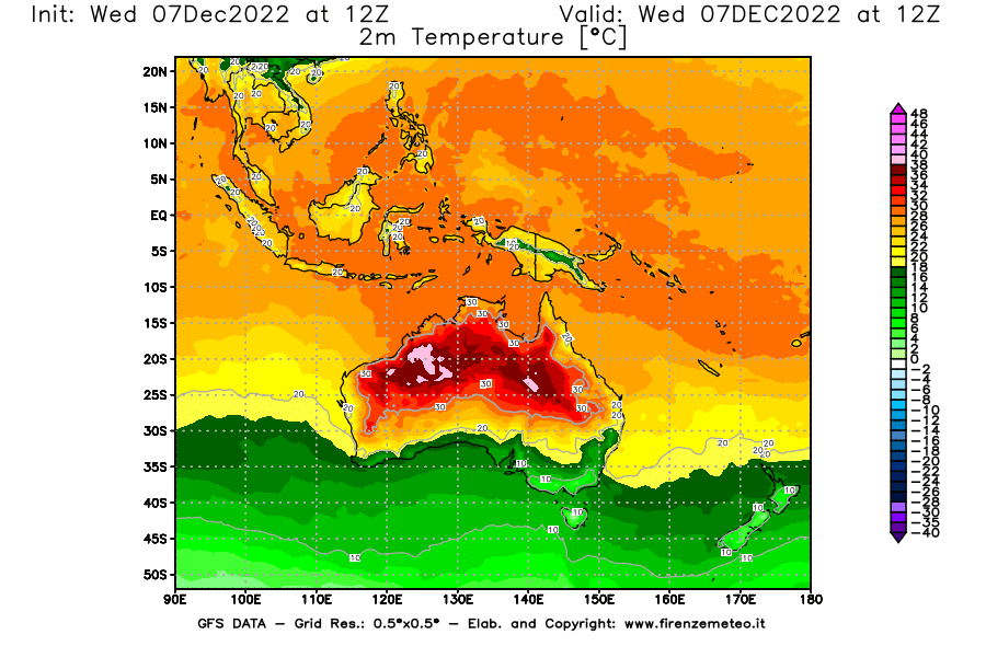 Mappa di analisi GFS - Temperatura a 2 metri dal suolo in Oceania
							del 7 dicembre 2022 z12