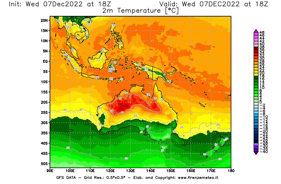 Mappa di analisi GFS - Temperatura a 2 metri dal suolo [°C] in Oceania
							del 07/12/2022 18 <!--googleoff: index-->UTC<!--googleon: index-->