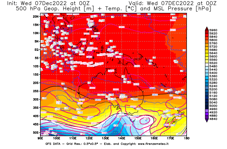 Mappa di analisi GFS - Geopotenziale [m] + Temp. [°C] a 500 hPa + Press. a livello del mare [hPa] in Oceania
							del 07/12/2022 00 <!--googleoff: index-->UTC<!--googleon: index-->