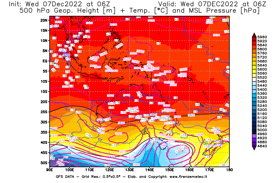 Mappa di analisi GFS - Geopotenziale [m] + Temp. [°C] a 500 hPa + Press. a livello del mare [hPa] in Oceania
							del 07/12/2022 06 <!--googleoff: index-->UTC<!--googleon: index-->