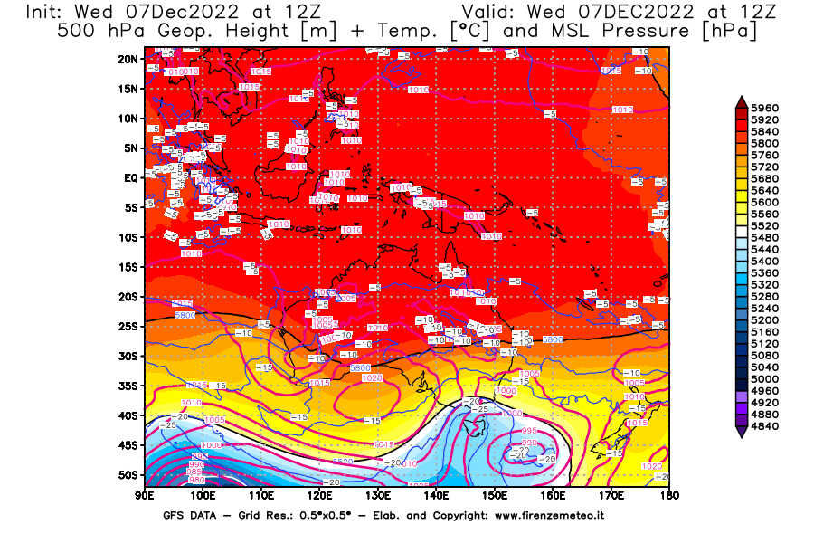 Mappa di analisi GFS - Geopotenziale [m] + Temp. [°C] a 500 hPa + Press. a livello del mare [hPa] in Oceania
							del 07/12/2022 12 <!--googleoff: index-->UTC<!--googleon: index-->