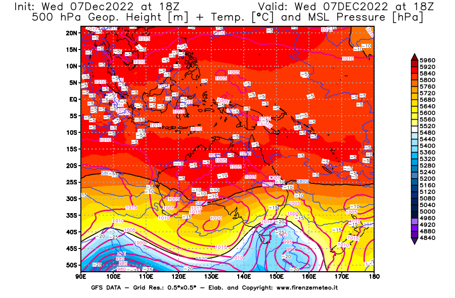 Mappa di analisi GFS - Geopotenziale [m] + Temp. [°C] a 500 hPa + Press. a livello del mare [hPa] in Oceania
							del 07/12/2022 18 <!--googleoff: index-->UTC<!--googleon: index-->