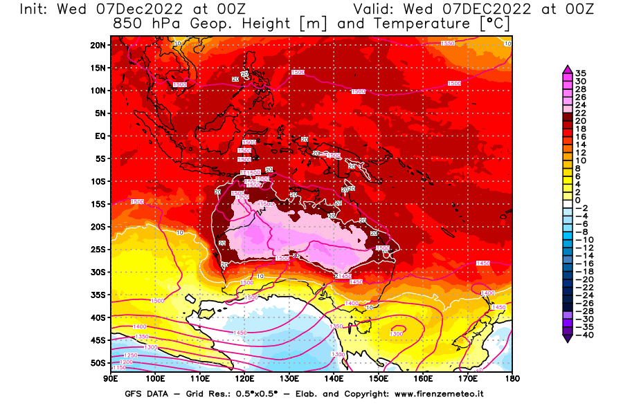 Mappa di analisi GFS - Geopotenziale [m] e Temperatura [°C] a 850 hPa in Oceania
							del 07/12/2022 00 <!--googleoff: index-->UTC<!--googleon: index-->