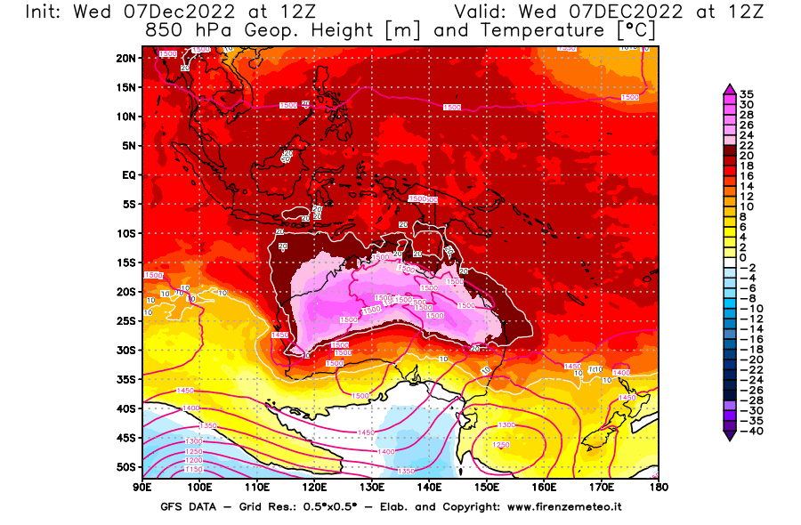 Mappa di analisi GFS - Geopotenziale [m] e Temperatura [°C] a 850 hPa in Oceania
							del 07/12/2022 12 <!--googleoff: index-->UTC<!--googleon: index-->