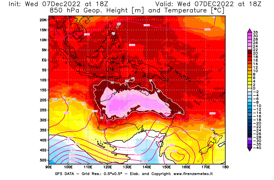 Mappa di analisi GFS - Geopotenziale [m] e Temperatura [°C] a 850 hPa in Oceania
							del 07/12/2022 18 <!--googleoff: index-->UTC<!--googleon: index-->