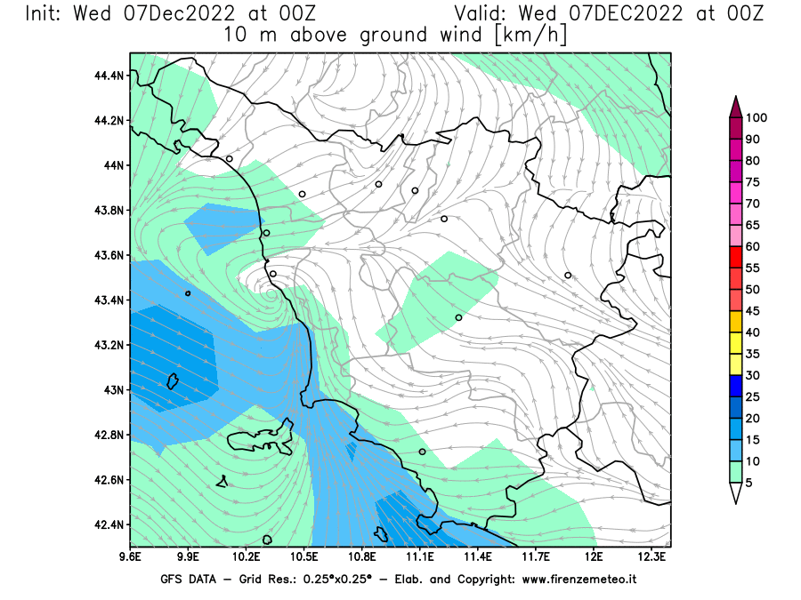Mappa di analisi GFS - Velocità del vento a 10 metri dal suolo [km/h] in Toscana
							del 07/12/2022 00 <!--googleoff: index-->UTC<!--googleon: index-->
