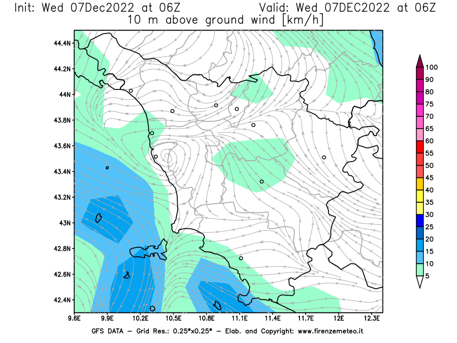 Mappa di analisi GFS - Velocità del vento a 10 metri dal suolo [km/h] in Toscana
							del 07/12/2022 06 <!--googleoff: index-->UTC<!--googleon: index-->