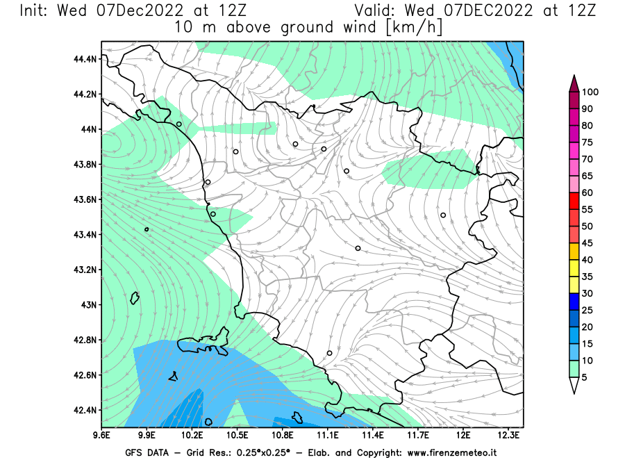 Mappa di analisi GFS - Velocità del vento a 10 metri dal suolo [km/h] in Toscana
							del 07/12/2022 12 <!--googleoff: index-->UTC<!--googleon: index-->