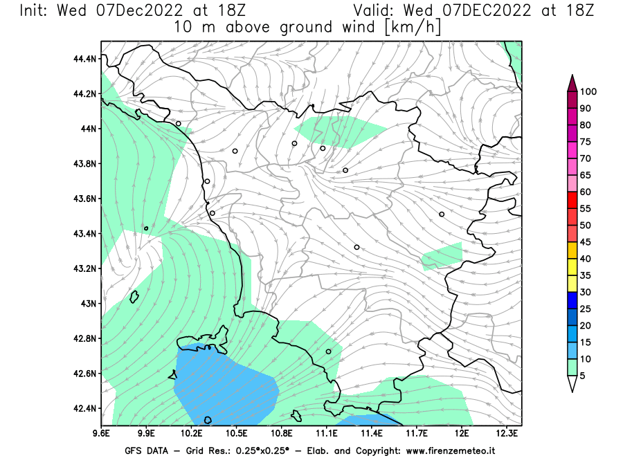Mappa di analisi GFS - Velocità del vento a 10 metri dal suolo [km/h] in Toscana
							del 07/12/2022 18 <!--googleoff: index-->UTC<!--googleon: index-->