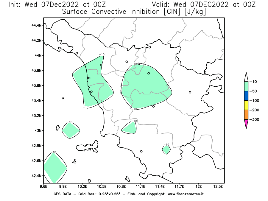 Mappa di analisi GFS - CIN [J/kg] in Toscana
							del 07/12/2022 00 <!--googleoff: index-->UTC<!--googleon: index-->
