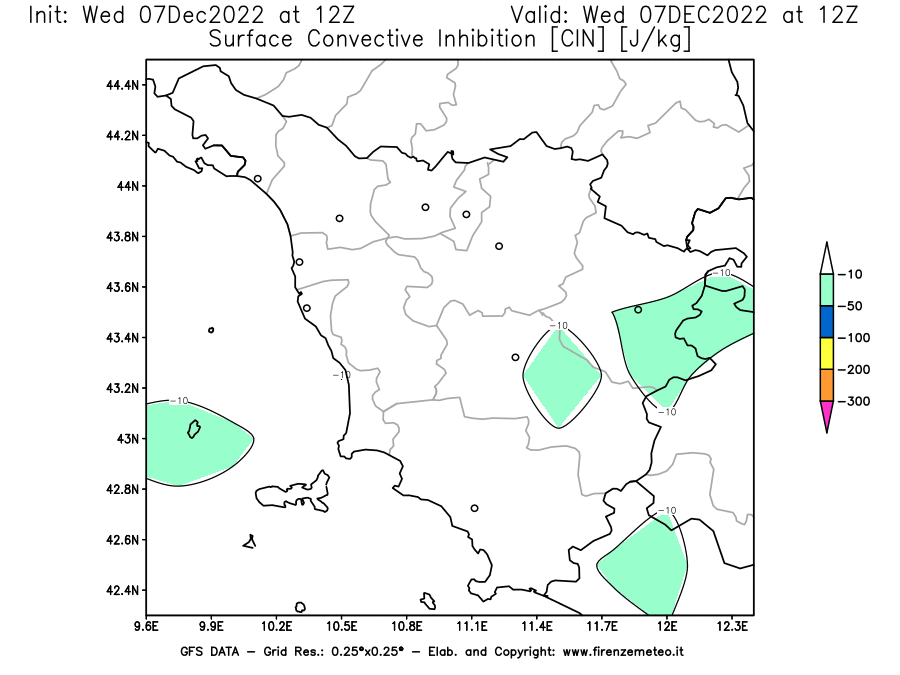 Mappa di analisi GFS - CIN [J/kg] in Toscana
							del 07/12/2022 12 <!--googleoff: index-->UTC<!--googleon: index-->
