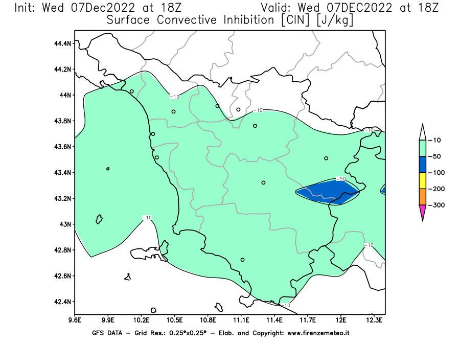 Mappa di analisi GFS - CIN [J/kg] in Toscana
							del 07/12/2022 18 <!--googleoff: index-->UTC<!--googleon: index-->