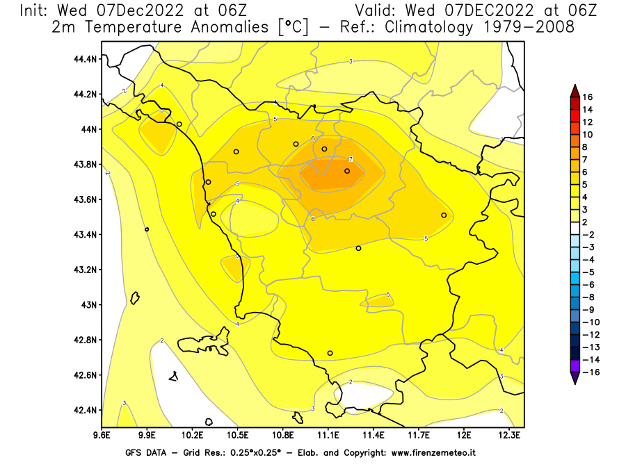 Mappa di analisi GFS - Anomalia Temperatura [°C] a 2 m in Toscana
							del 07/12/2022 06 <!--googleoff: index-->UTC<!--googleon: index-->