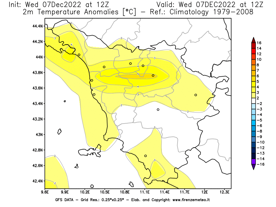 Mappa di analisi GFS - Anomalia Temperatura [°C] a 2 m in Toscana
							del 07/12/2022 12 <!--googleoff: index-->UTC<!--googleon: index-->