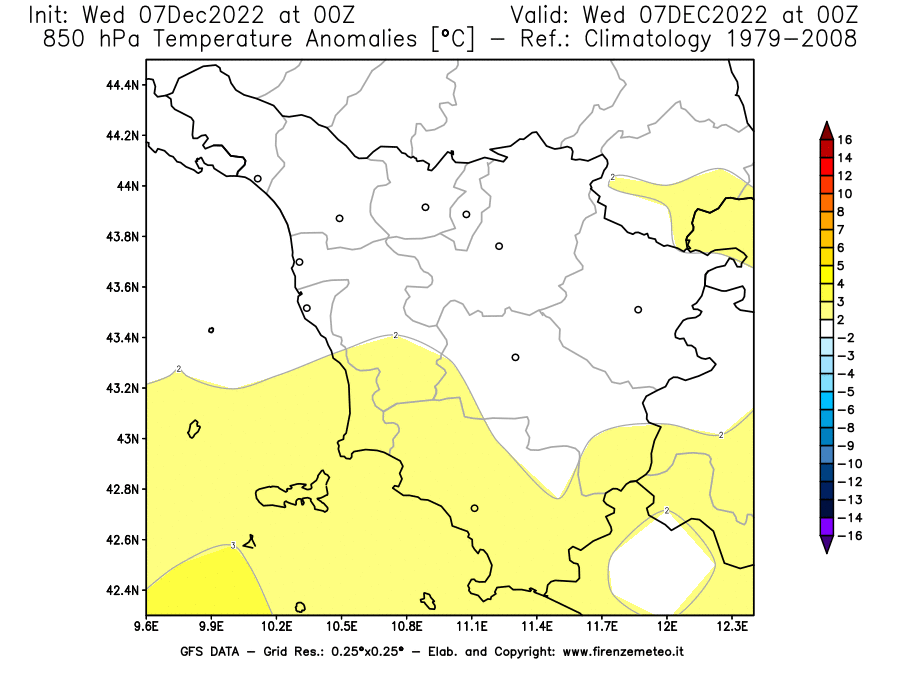 Mappa di analisi GFS - Anomalia Temperatura a 850 hPa in Toscana
							del 7 dicembre 2022 z00
