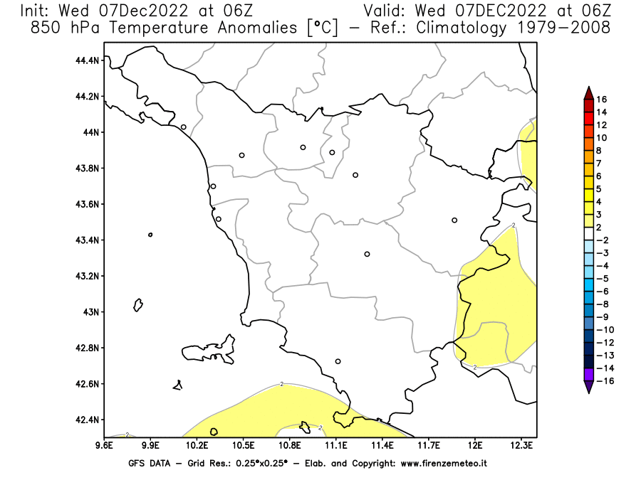 Mappa di analisi GFS - Anomalia Temperatura a 850 hPa in Toscana
							del 7 dicembre 2022 z06