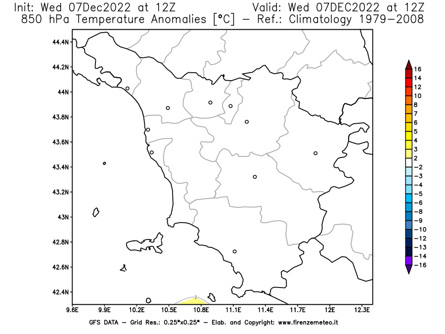 Mappa di analisi GFS - Anomalia Temperatura [°C] a 850 hPa in Toscana
							del 07/12/2022 12 <!--googleoff: index-->UTC<!--googleon: index-->