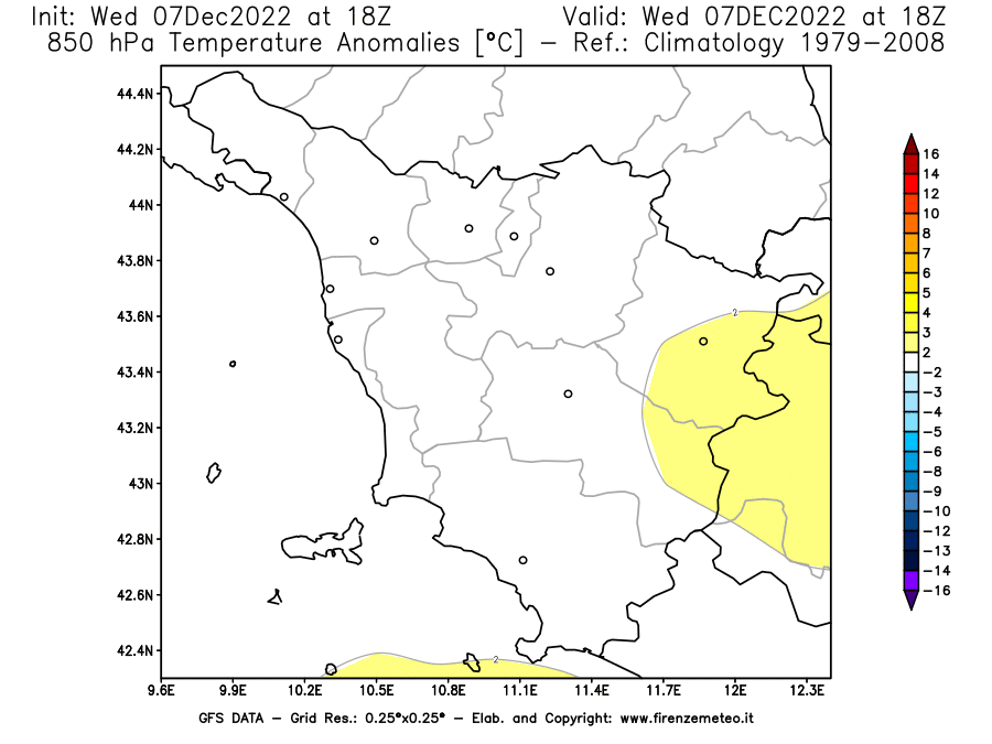 Mappa di analisi GFS - Anomalia Temperatura a 850 hPa in Toscana
							del 7 dicembre 2022 z18