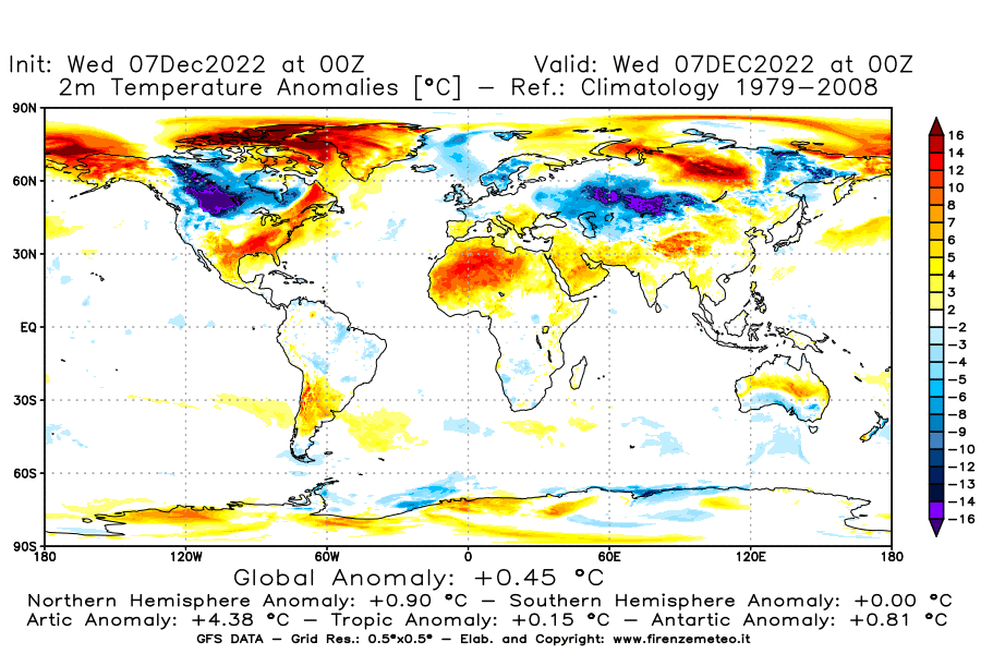 Mappa di analisi GFS - Anomalia Temperatura [°C] a 2 m in World
							del 07/12/2022 00 <!--googleoff: index-->UTC<!--googleon: index-->
