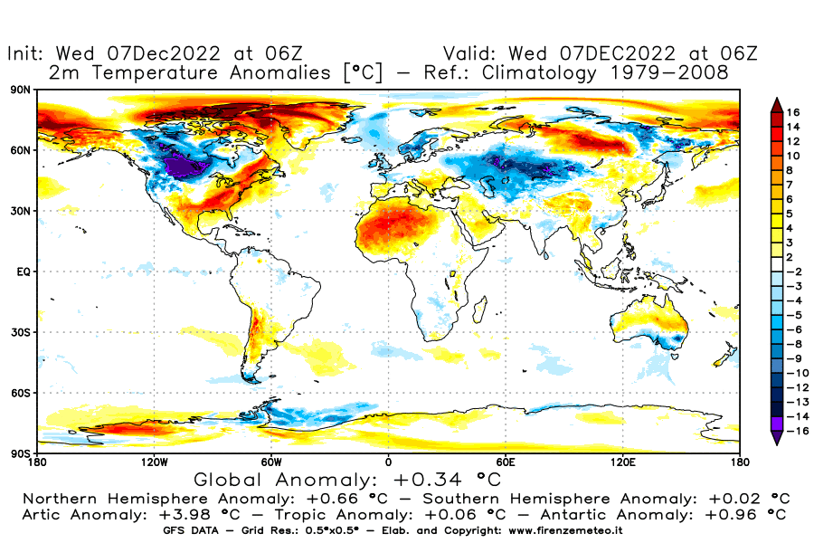 Mappa di analisi GFS - Anomalia Temperatura a 2 m in World
							del 7 dicembre 2022 z06